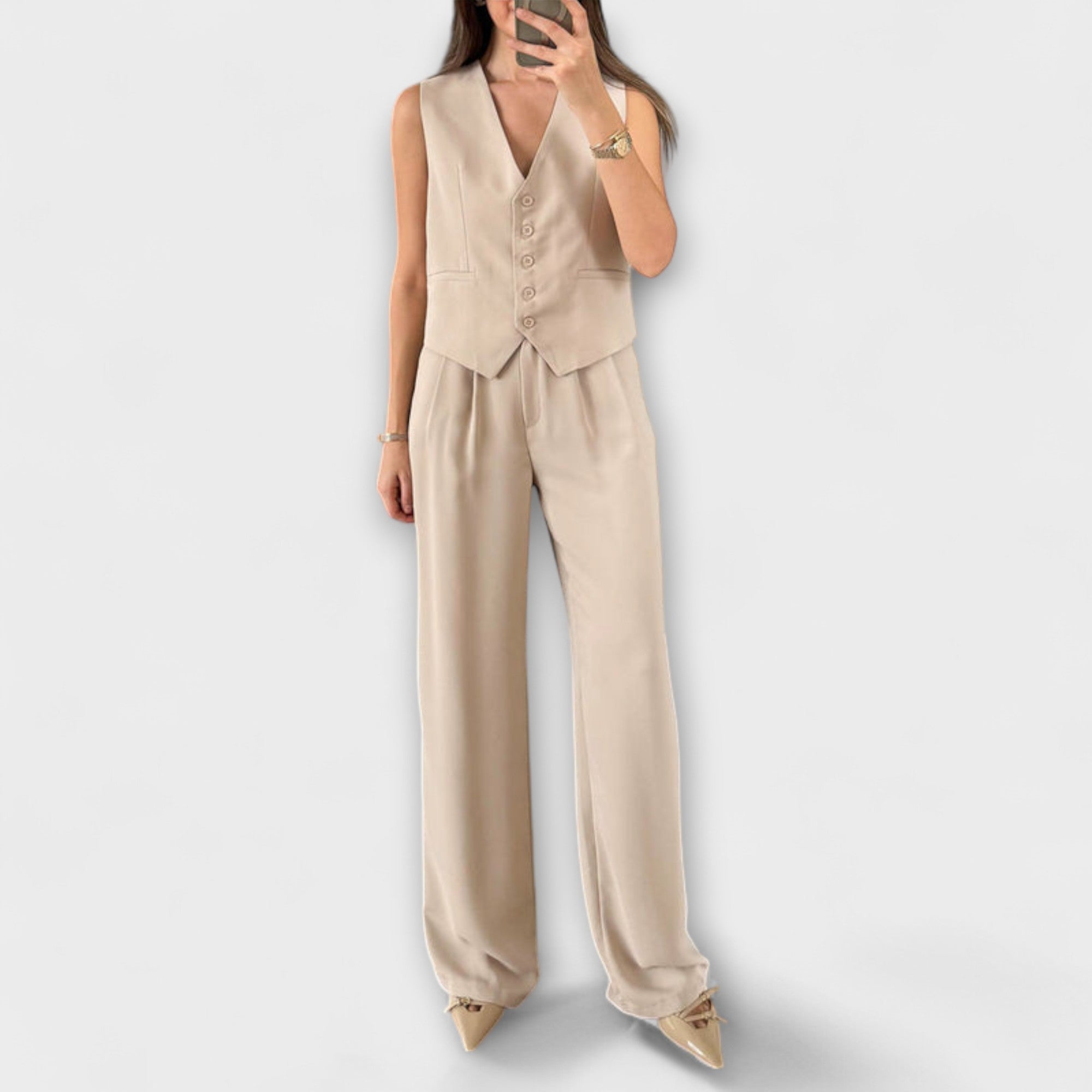 Hazel - Stylish Solid Color V-Neck Vest and Pants Two-Piece Set