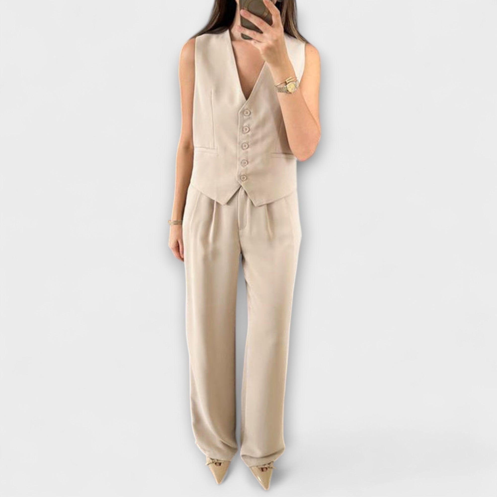 Hazel - Stylish Solid Color V-Neck Vest and Pants Two-Piece Set