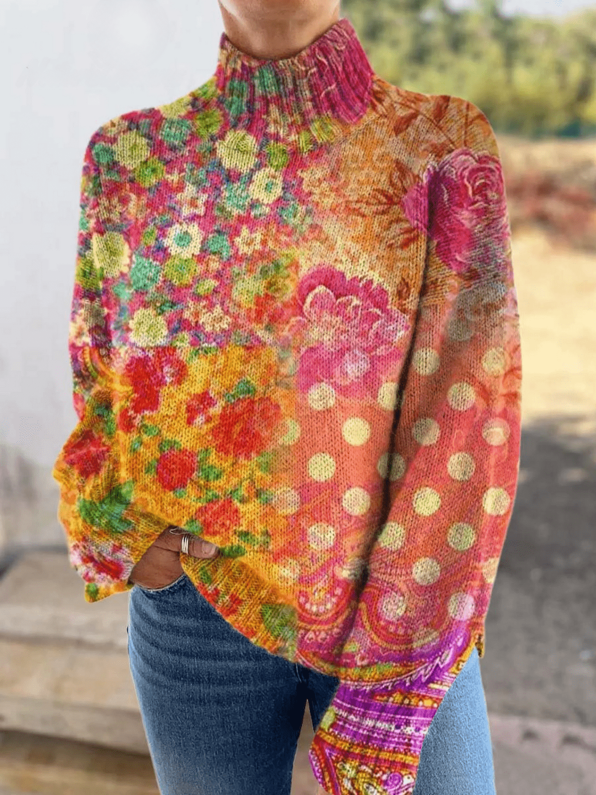 Floral Polka Dot Knitted Sweater
