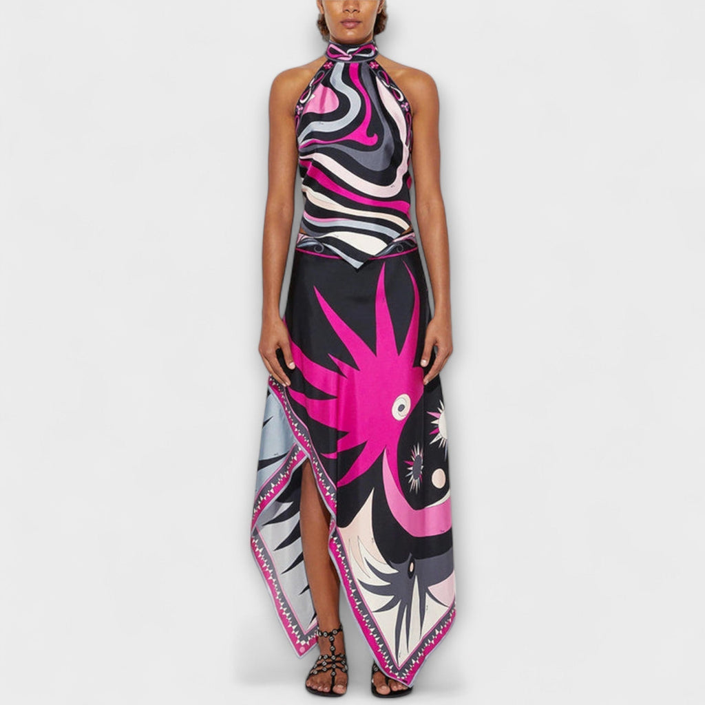 Everly - Halter Top and Asymmetrical Midi Skirt Set