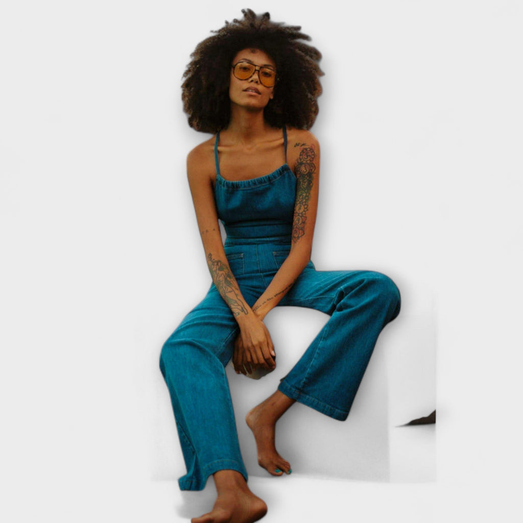 Julie - Flared Denim Jumpsuit with Tie Detail