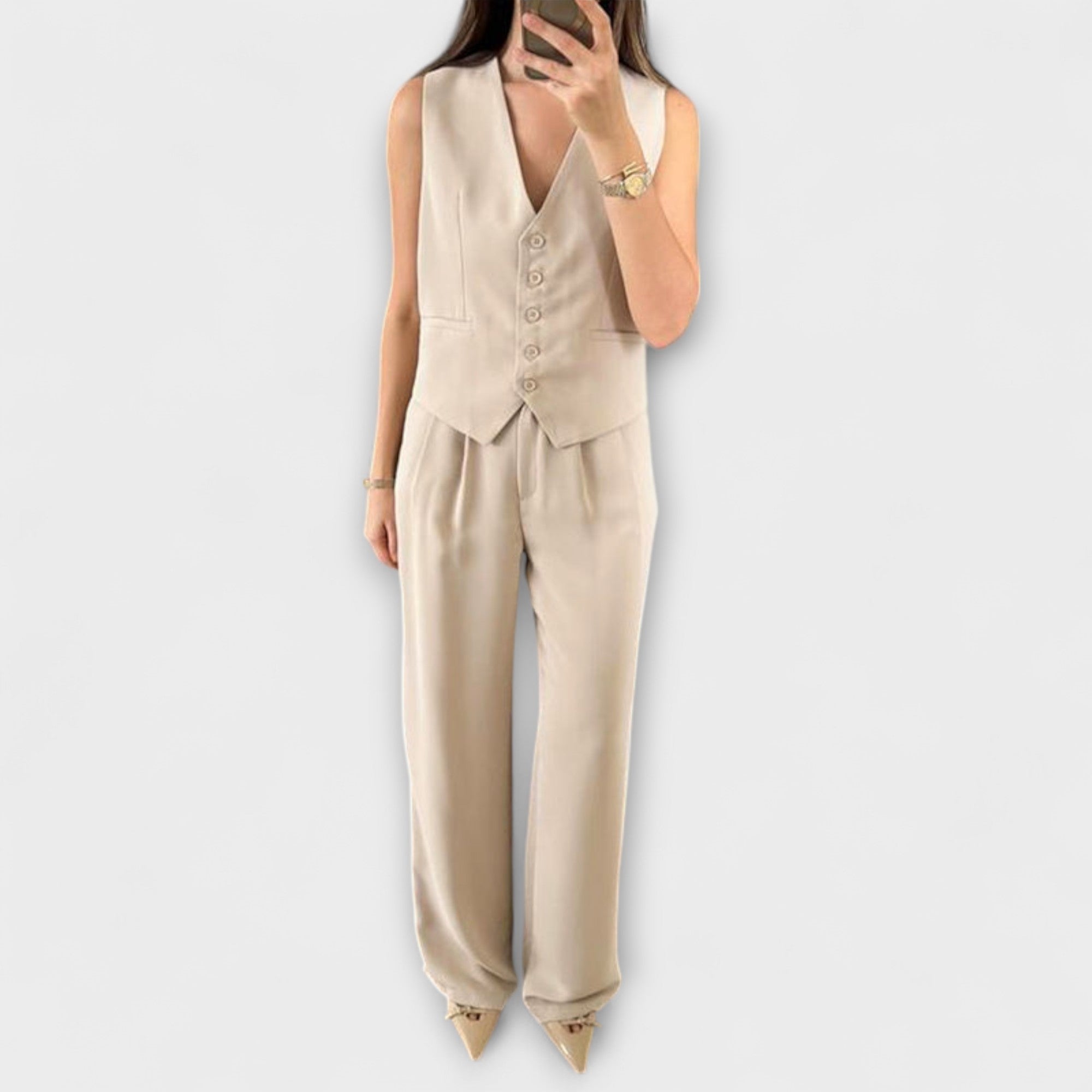 Hazel - Stylish Solid Color V-Neck Vest and Pants Two-Piece Set